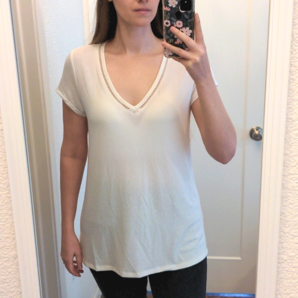 Ladder eyelet off white ivory V neck shirt NWOT